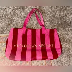 Victoria's Secret Vintage Bold Pink and Red Striped Large Tote Bag